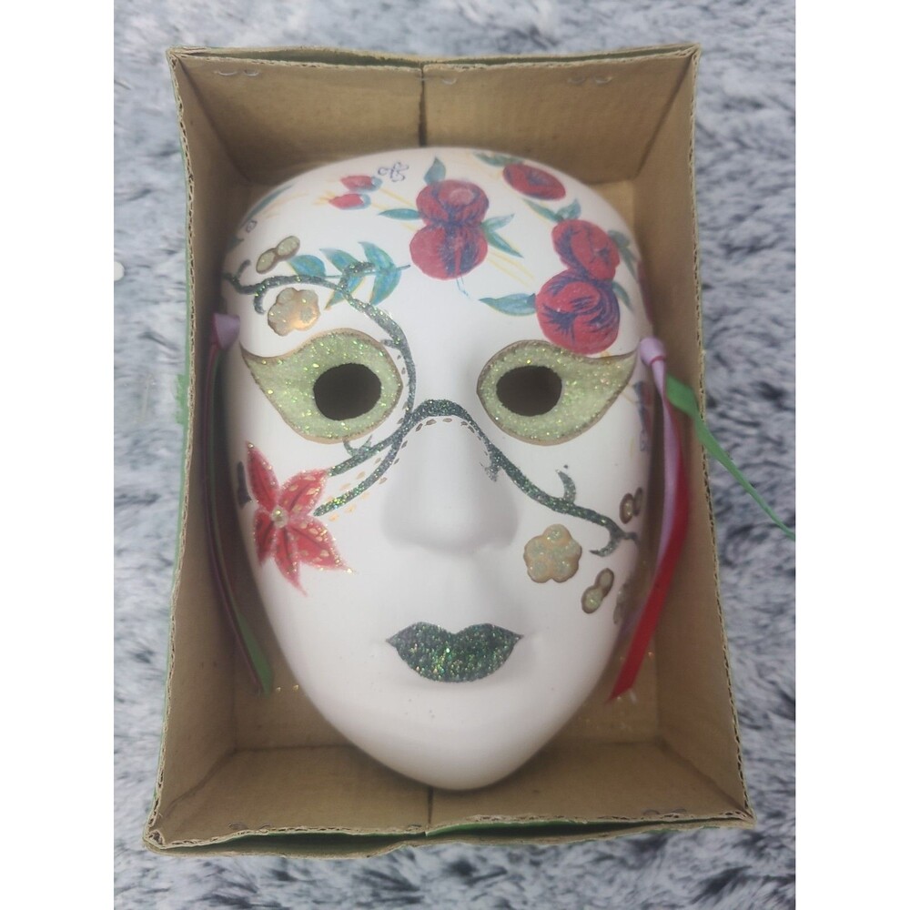 Vintage Ceramic Wall Mask 7" X 5" Gold Glitter Effect On Eyes Mardi Gras